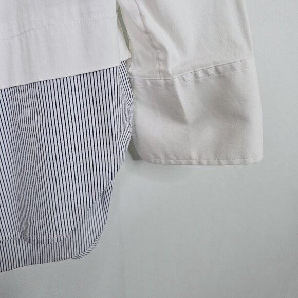 WHITE HOUSE BLACK MARKET Button Up Down Shirt WHITE w NAVY BLUE size 8 Lagenlook - Picture 5 of 7